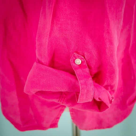 Talbots Size large L Pink Collared Button Long Tab Sleeve 100% Linen Top - Picture 2 of 6